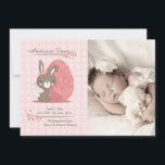 Cute Bunny Photo Faire-part de naissance<br><div class="desc">Un adorable faire-part de naissance parfait pour la saison printanière. L'arrière - plan-boîte-motif rose et blanc présente un lapin marron avec un arc rose à côté d'un oeuf décoré. (FP) La carte est facile à customiser avec votre libellé, police, couleur de police et choix de six types de papier. Pas...</div>