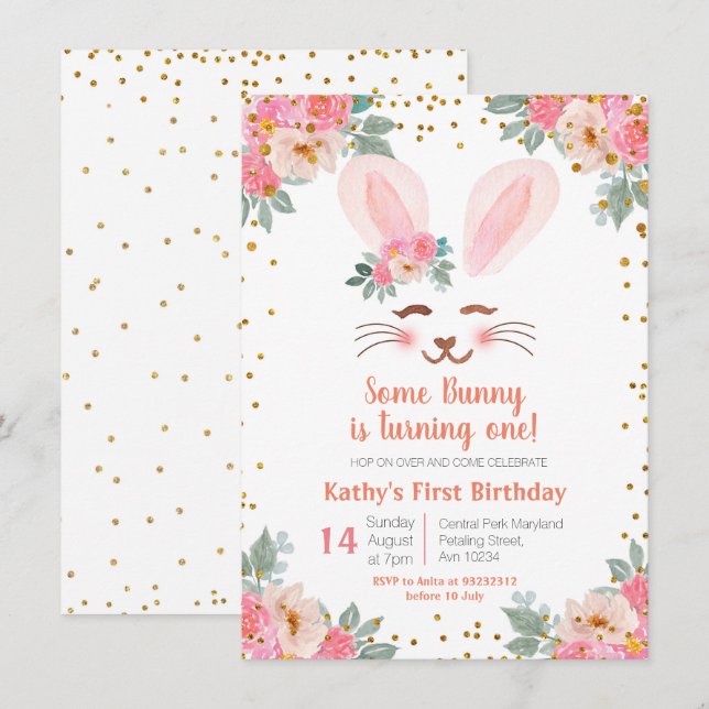 Cute Bunny première invitation d'anniversaire fill (Devant / Derrière)