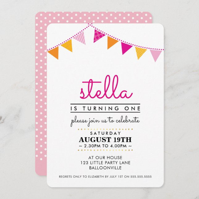 CUTE BUNTING 1ER anniversaire INVITATION rose oran (Devant / Derrière)