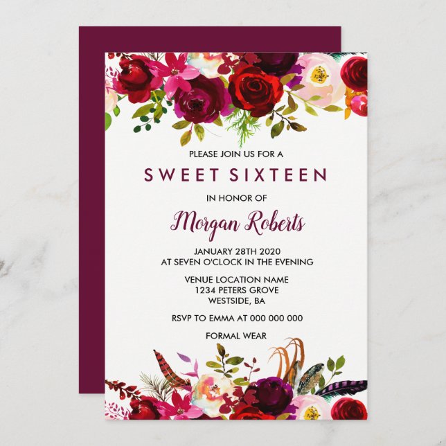 Cute Burgundy Rouge Floral Sweet 16 Invitation de  (Devant / Derrière)