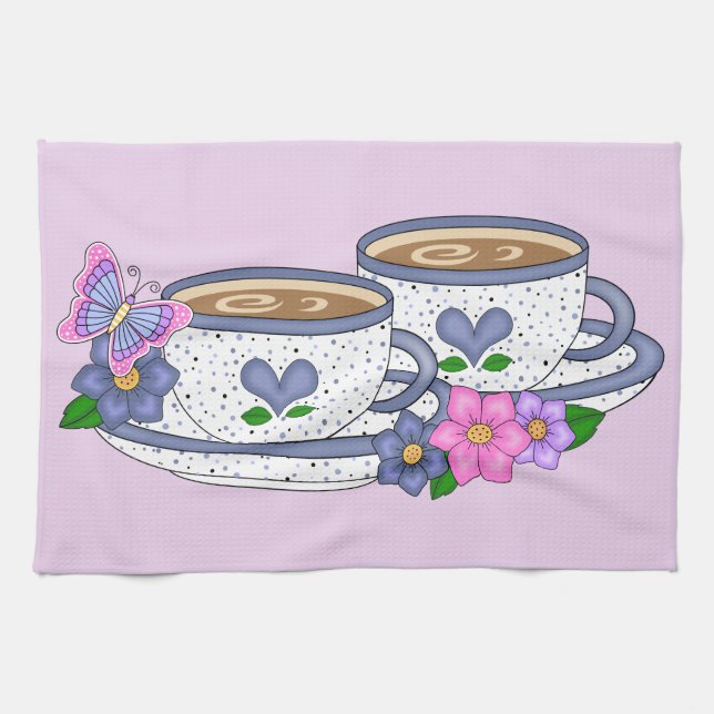 Cute Café et Fleurs Serviette de cuisine (Horizontal)