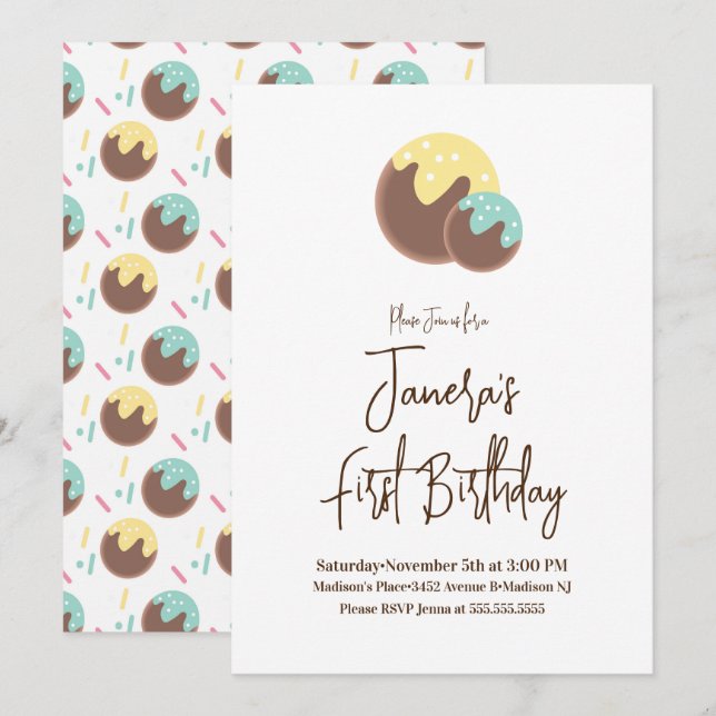 Cute Cake Pop Balls Première Invitation Anniversai (Devant / Derrière)