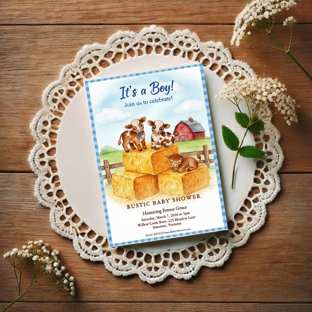 Cute Calf Baby Shower Gingham Hay Invitation (Créateur téléchargé)