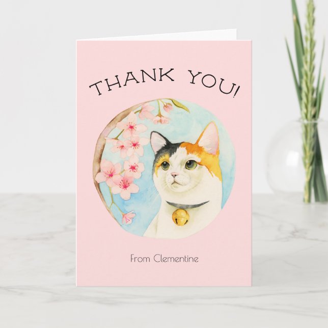 Cute Calico Chat et Fleurs roses | Merci (Devant)