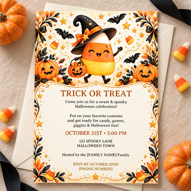 Cute Candy Corn Witch Halloween Party Invitation (Créateur téléchargé)