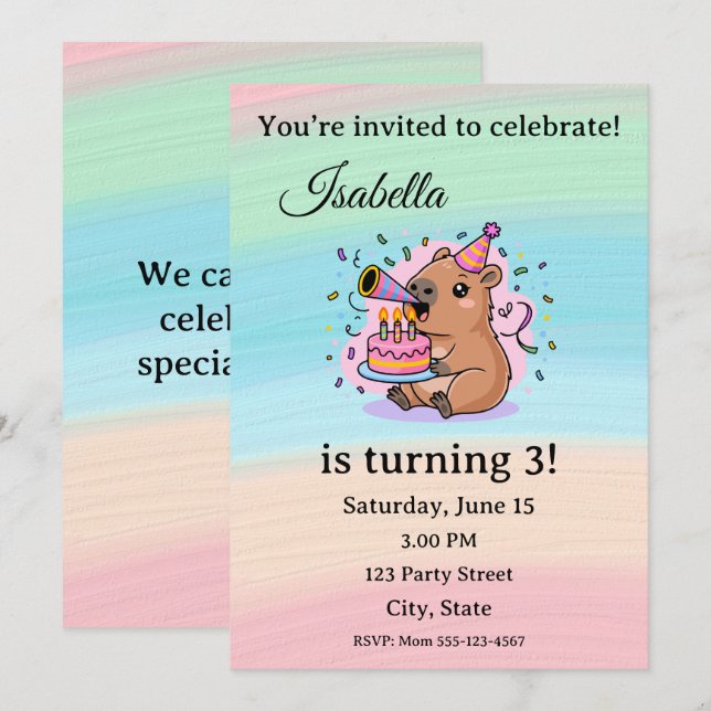 Cute Capybara Birthday Invitation Editable  (Devant / Derrière)