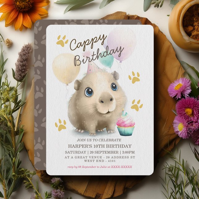Cute Capybara Invitation d'anniversaire (Say “Cappy Birthday!” with the cutest party invite ever! )