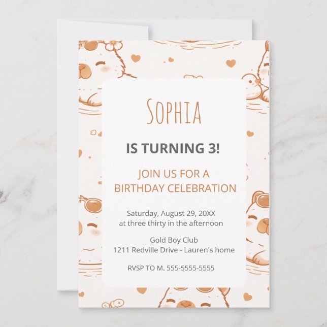 Cute Capybara Kids Birthday Party Invitation (Devant)