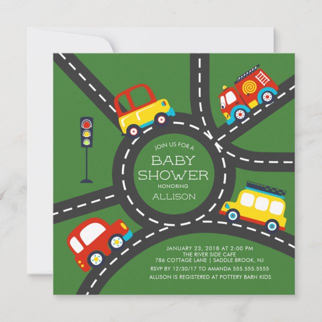 Cute Car Road Boys Baby shower Invitation (Devant)