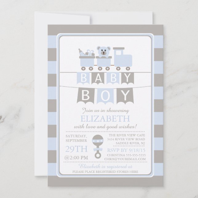 Cute Carriage Bear Boy Baby shower Invitation (Devant)