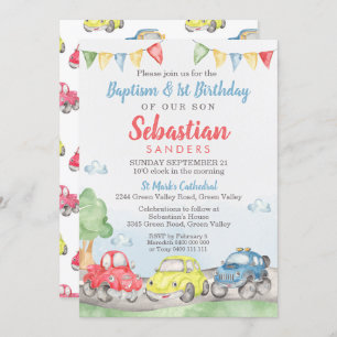 Cute Cars Baptism 1er Anniversaire Invitation