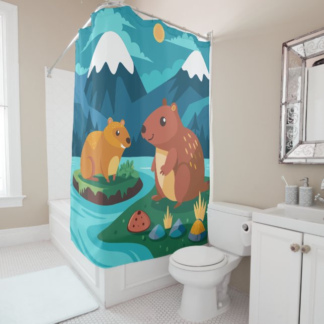 Cute Cartoon Capybara rideau de douche (En situation)