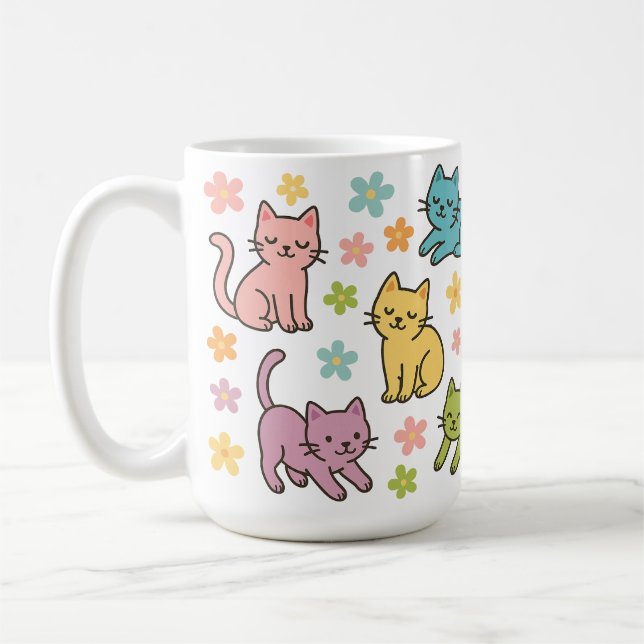 Cute Cartoon Cat & Flower Mug – Spring Pastel  (Gauche)
