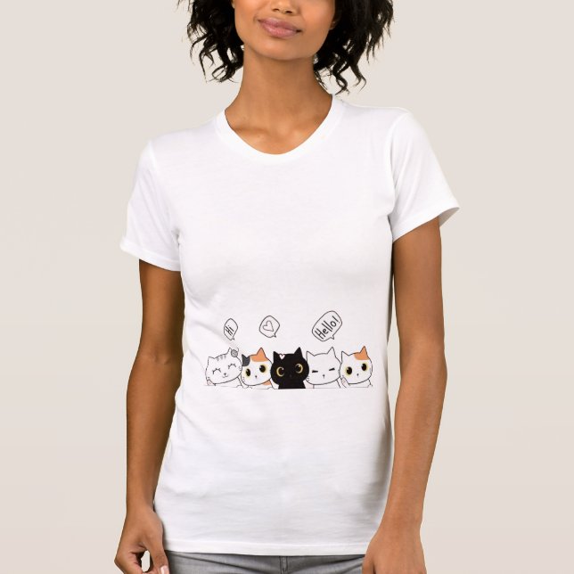 Cute Cartoon Cats Saying Hi T-Shirt (Devant)