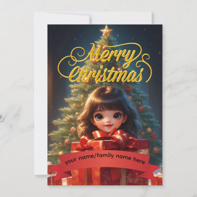 Cute Cartoon Girl Custom Red Ribbon Christmas Card (Devant)