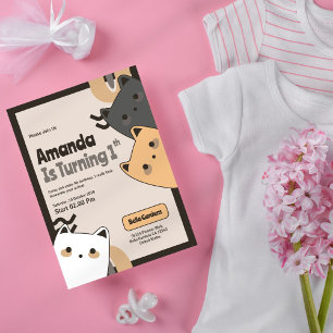 Cute Cat 1er Anniversaire Invitation