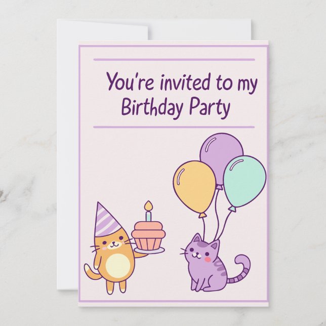 Cute Cat Anniversaire Invitation pour les enfants (Devant)