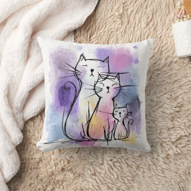 Cute Cat Famille Sketch Jeter Oreiller Cadeau (Couverture)