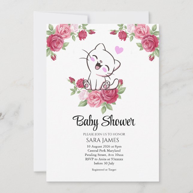 Cute Cat Floral Baby Shower Invitation (Devant)