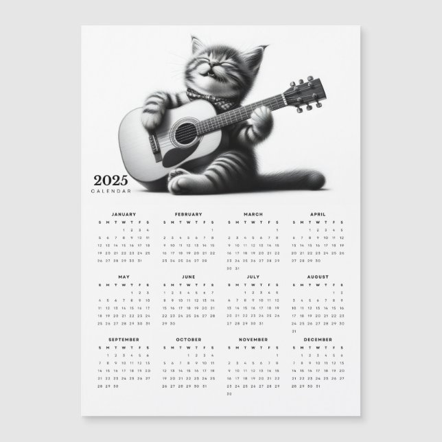 Cute Cat Guitariste Écarf 2025 Calendrier magnétiq (Devant)