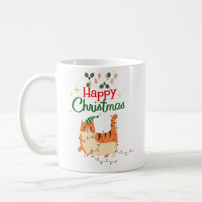 Cute Cat 'Happy Christmas' Holiday Mug (Gauche)