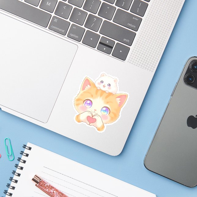 Cute Cat Heart Hands with Hamster on Head Sticker (Ordinateur portable avec iPhone)