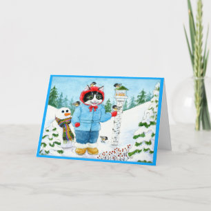 Cute Cat Kitten Bird Feeder carte de voeux