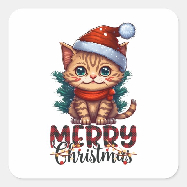 Cute Cat Kitten Merry Christmas Square Sticker (Devant)