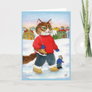 Cute Cat Souris Patinage hiver Carte de vacances
