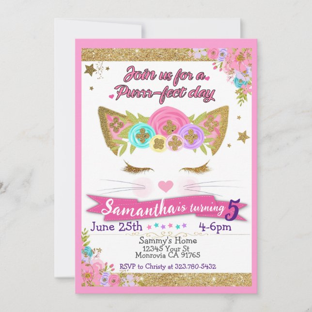 Cute Cat Unicorn invitation fête d'anniversaire (Devant)