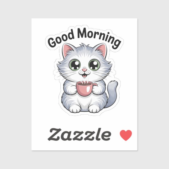 Cute Cat with Coffee “Good Morning” Sticker (Feuille)