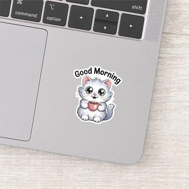 Cute Cat with Coffee “Good Morning” Sticker (Détail)