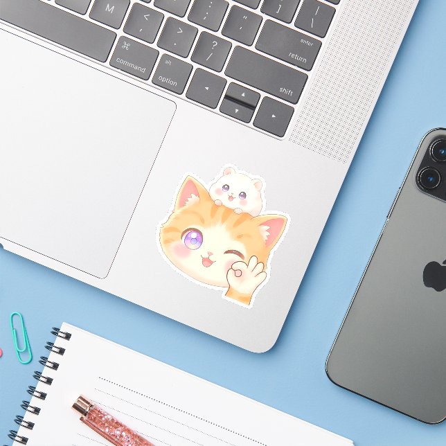 Cute Cat with Hamster on Head - OK Sign Sticker (Ordinateur portable avec iPhone)
