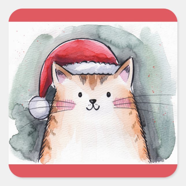 Cute Cat with Santa Hat Square Stickers (Devant)
