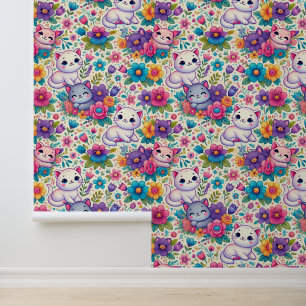 Cute Cats & Motif Floral Papier Peint