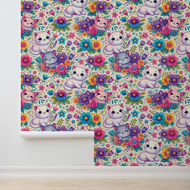 Cute Cats & Motif Floral Papier Peint (Application)