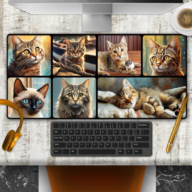 Cute Cats Personalized Photo Collage (Desk mat featuring 7 images of cats, signed with a paw print. Add your own photos if you like)