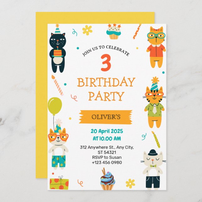 Cute Cats Trois 3e anniversaire Invitation de fête (Devant / Derrière)