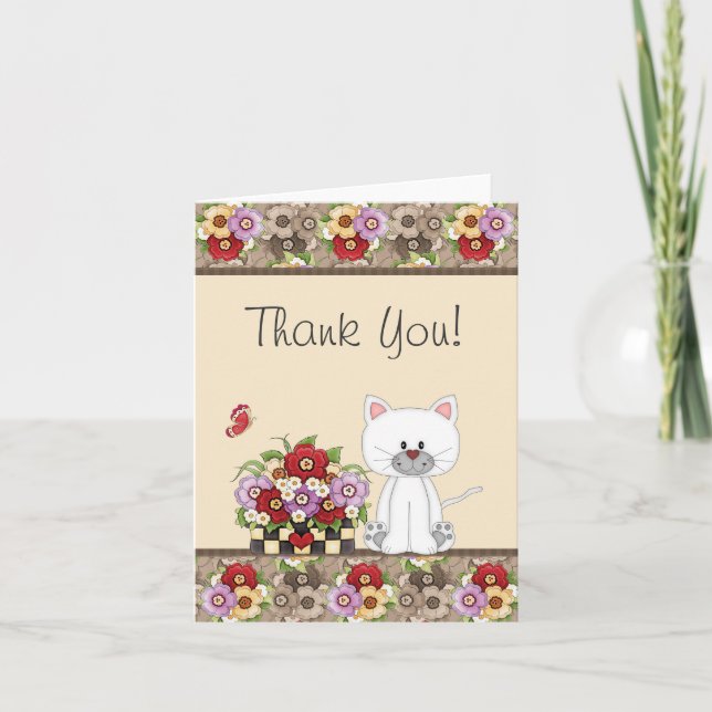 Cute Chat blanc, Fleurs et Merci papillon (Devant)