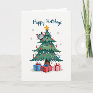Cute Chat Dans L'Arbre De Noël Bonne Carte De Vaca