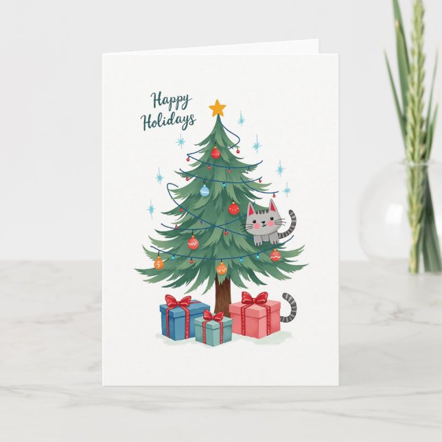 Cute Chat Dans L'Arbre De Noël Carte Illustrée (Devant)