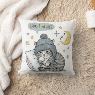 Cute Chat en Beanie Coussin - Décor "Bonne Nuit"