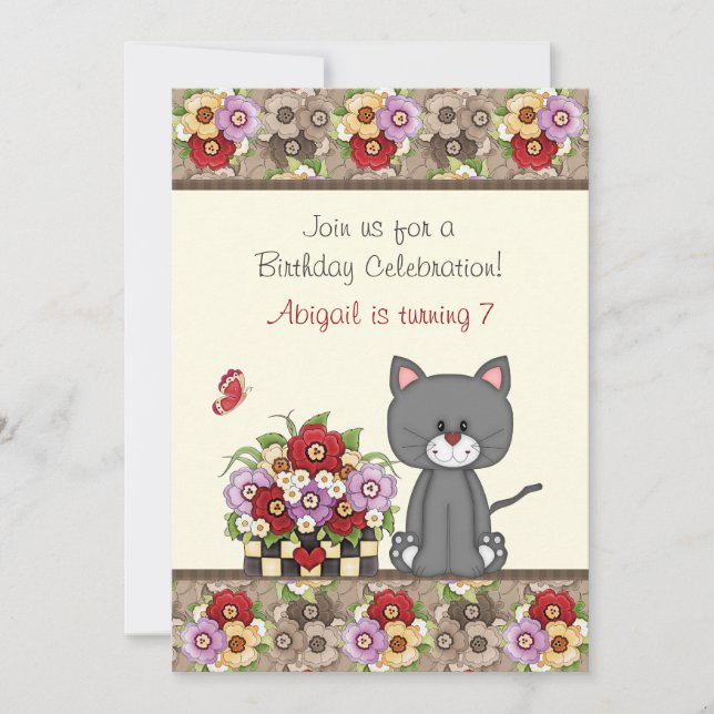 Cute Chat, Fleurs et Papillons Invitation d'annive (Devant)