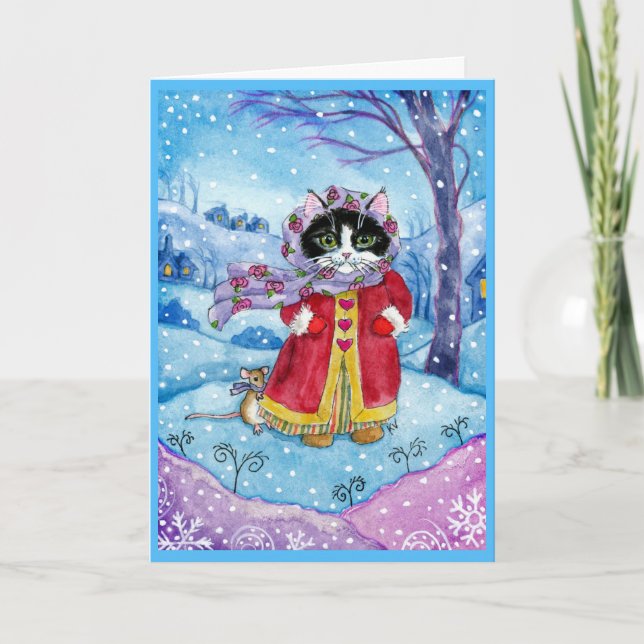 Cute Chat Mouse hiver Valentine Holiday Carte d'am (Devant)