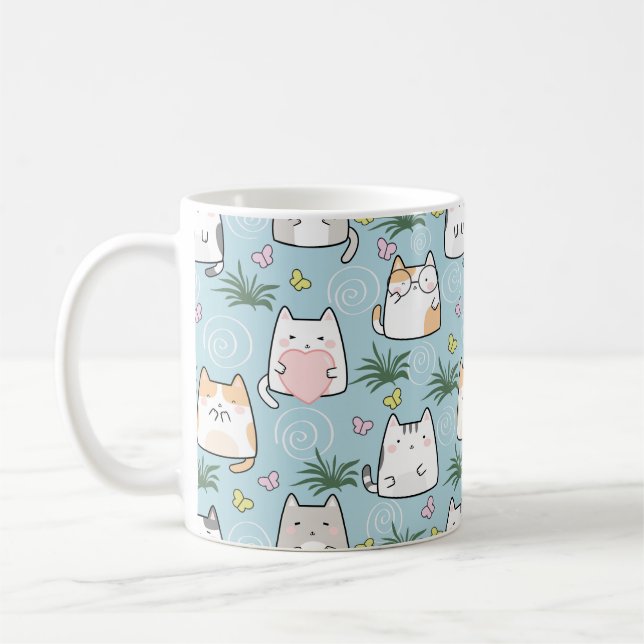 Cute Chat Mug - adorable Cartoon Chats sur Bleu (Gauche)
