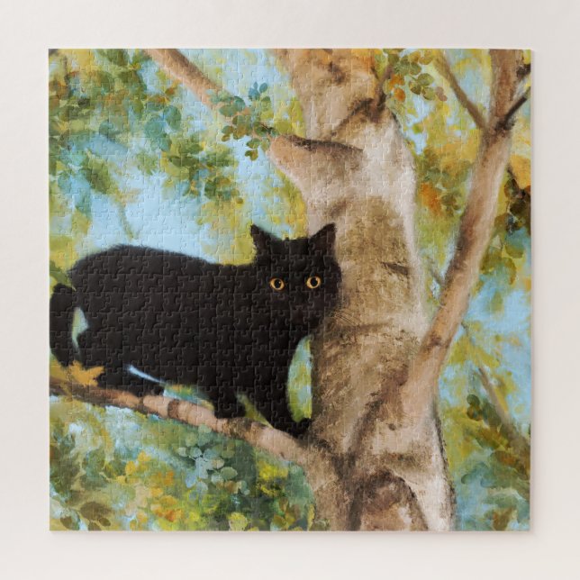 Cute Chat Noir Dans L'Arbre Puzzle Art (Vertical)