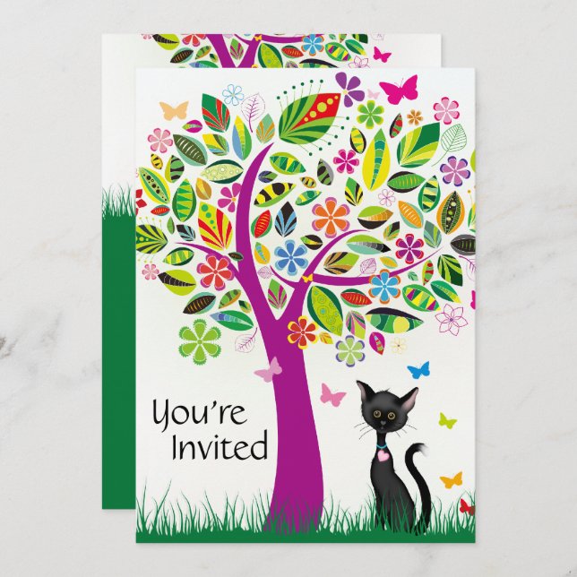 Cute chat noir et arbre à fleurs Invitation d'anni (Devant / Derrière)