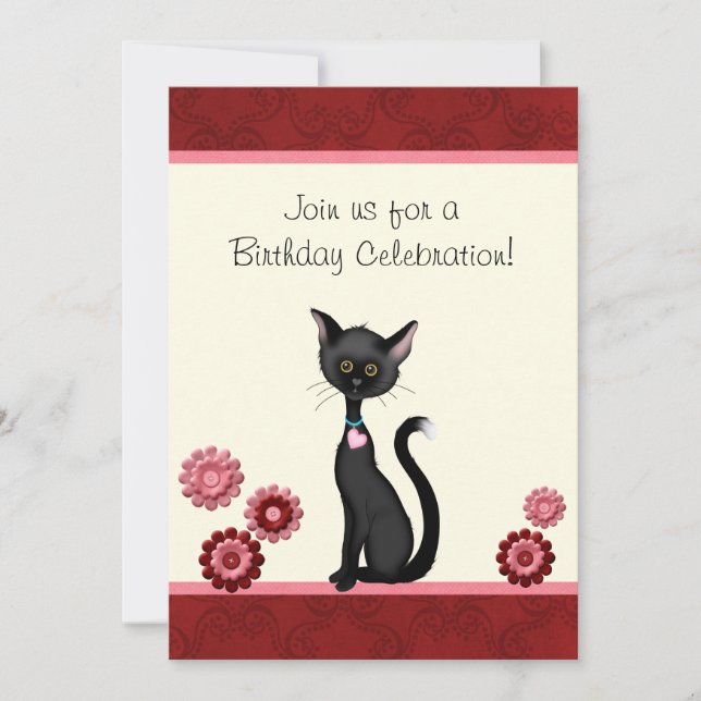 Cute Chat noir et Fleurs Invitation Anniversaire (Devant)