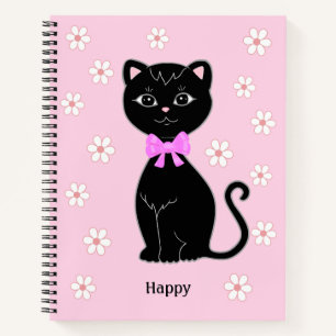 Cute Chat noir & Fleurs sur Carnet rose clair