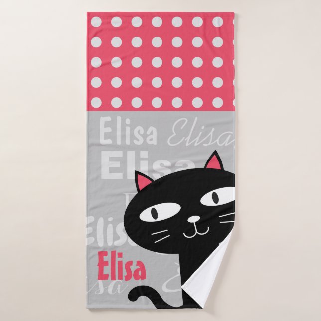 Cute Chat Noir Pois Rose Ajouter Votre Nom (Serviette de bain)
